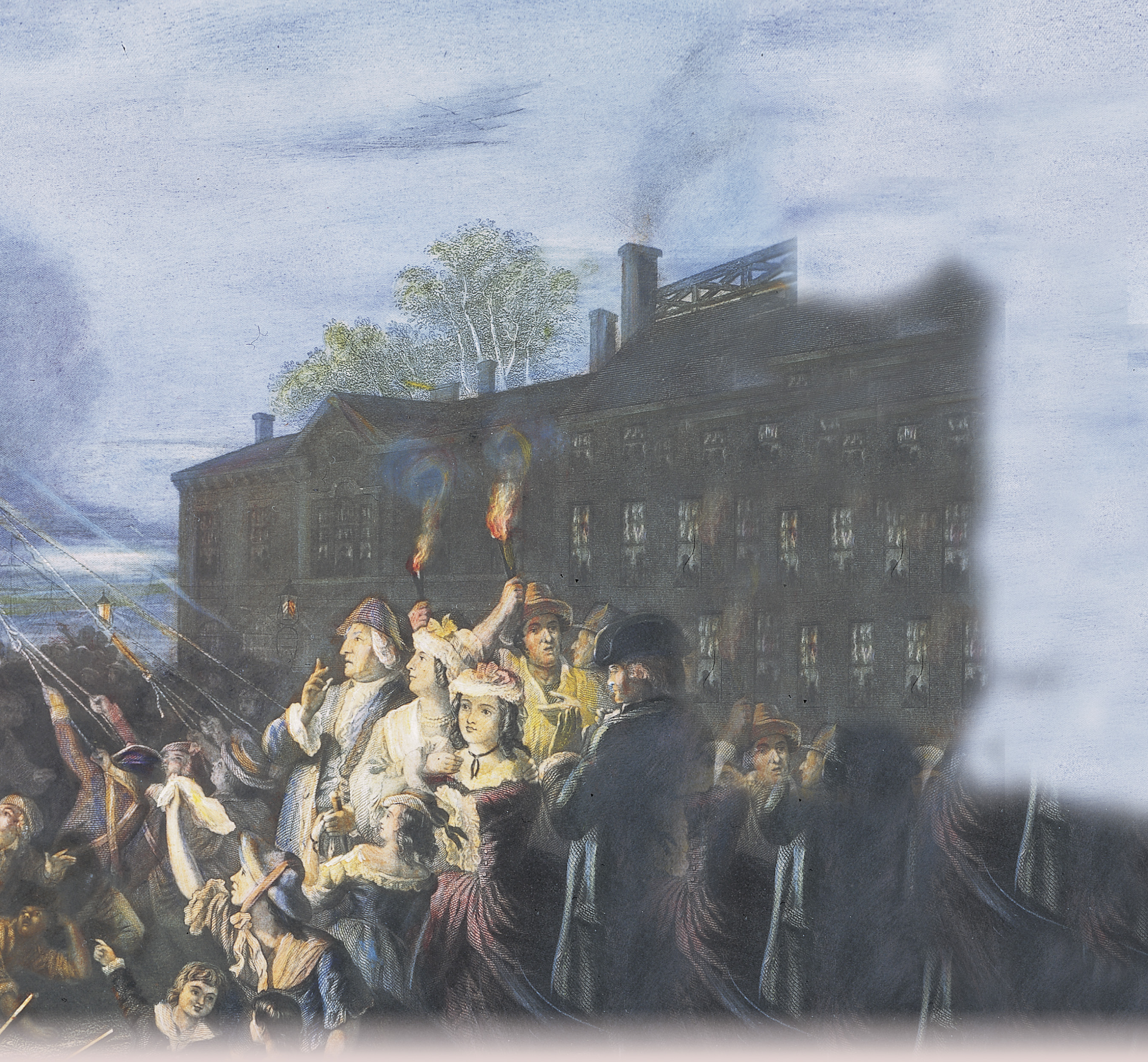 painting: a mob of colonists prepares to pull down a statue of a king on horseback. A title: War for Independence.