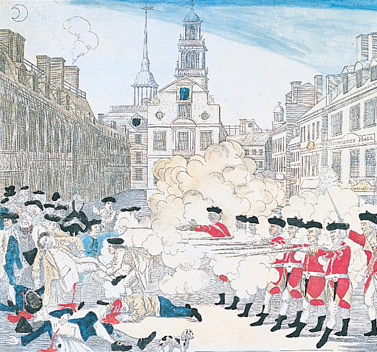 Illustration: British soldiers shoot at civilians in Boston.