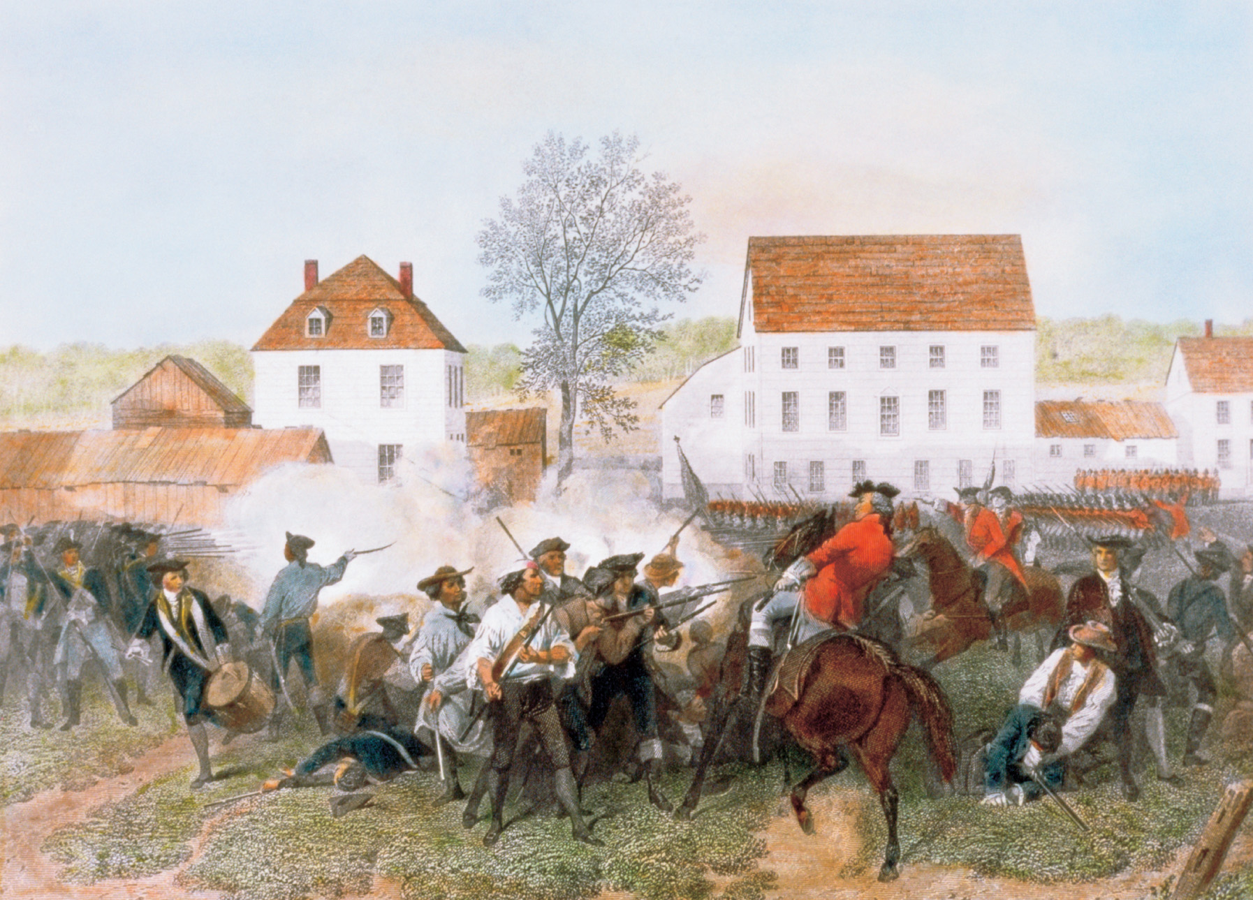 painting: colonists, some in civilan clothes, and exchange gunfire with British soldiers in red coats.