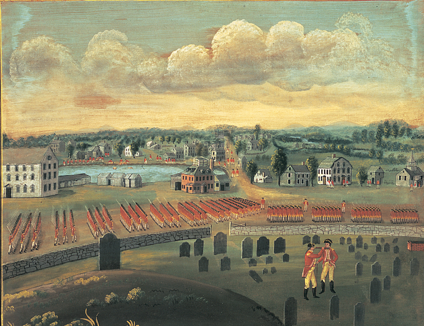 painting: cloumns of red-coated soldiers march in a field near a town.