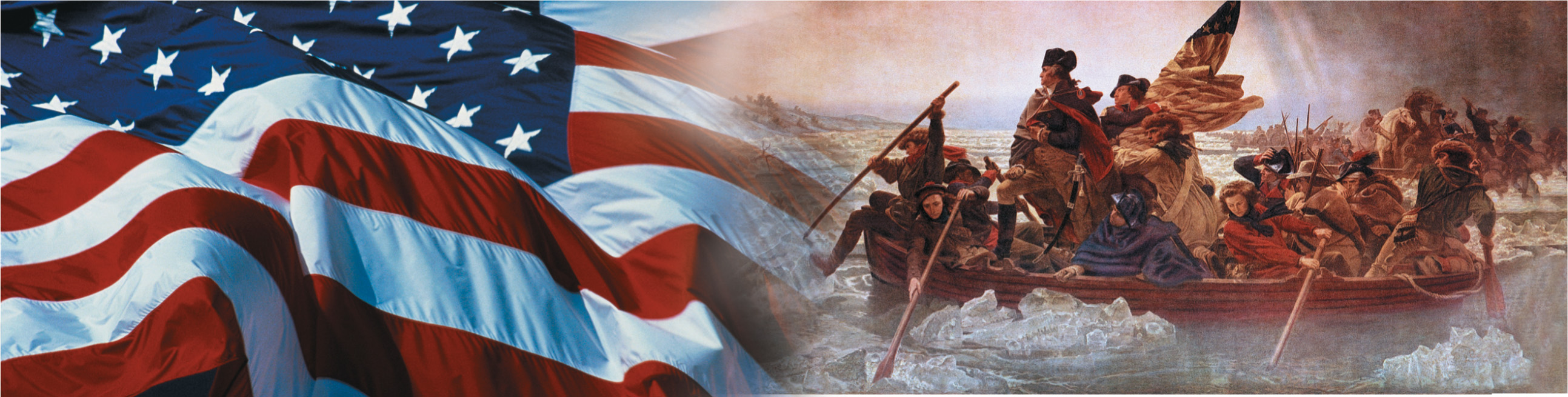 Banner: a billowing American flag and a painting of George Washington and his men crossing the icy Delaware River on a boat.