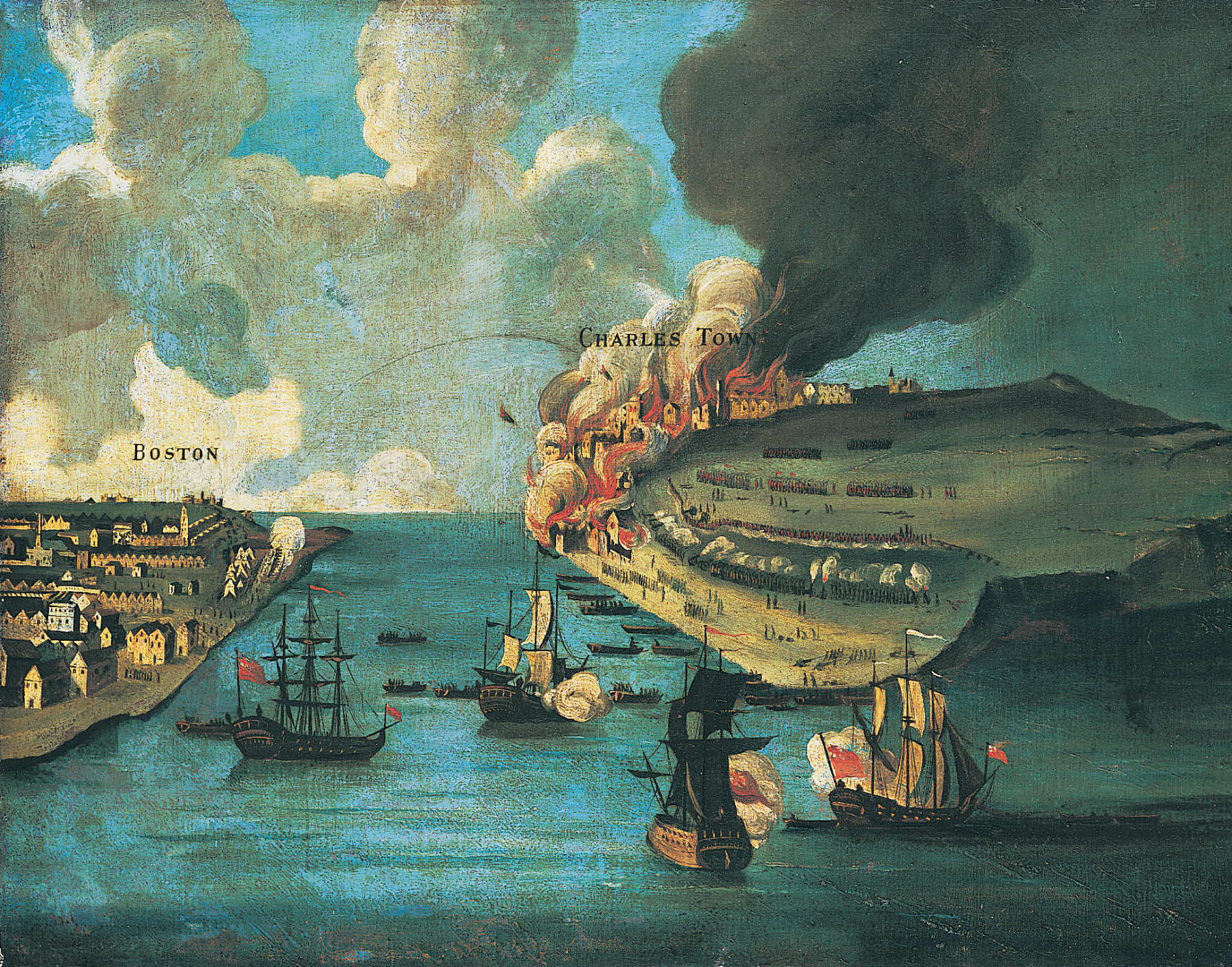 painting: Charles Town burns. Large ships in the water nearby fire their guns.