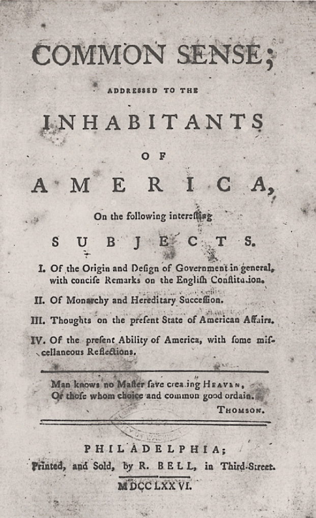 A pamphlet titled Common Sense, addressed to the inhabitants of America.