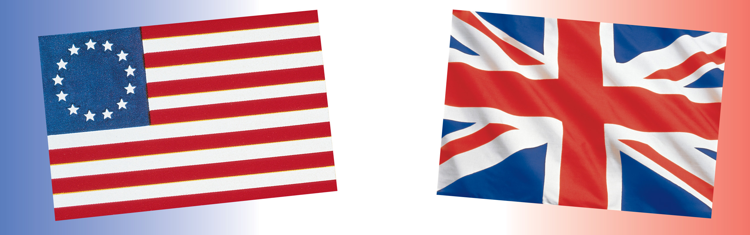 An early american flag with red and white stripes and 13 white stars in a circle, beside a British Union Jack flag.