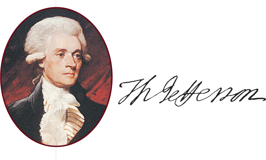 A portrait of Thomas Jefferson, beside his signature.