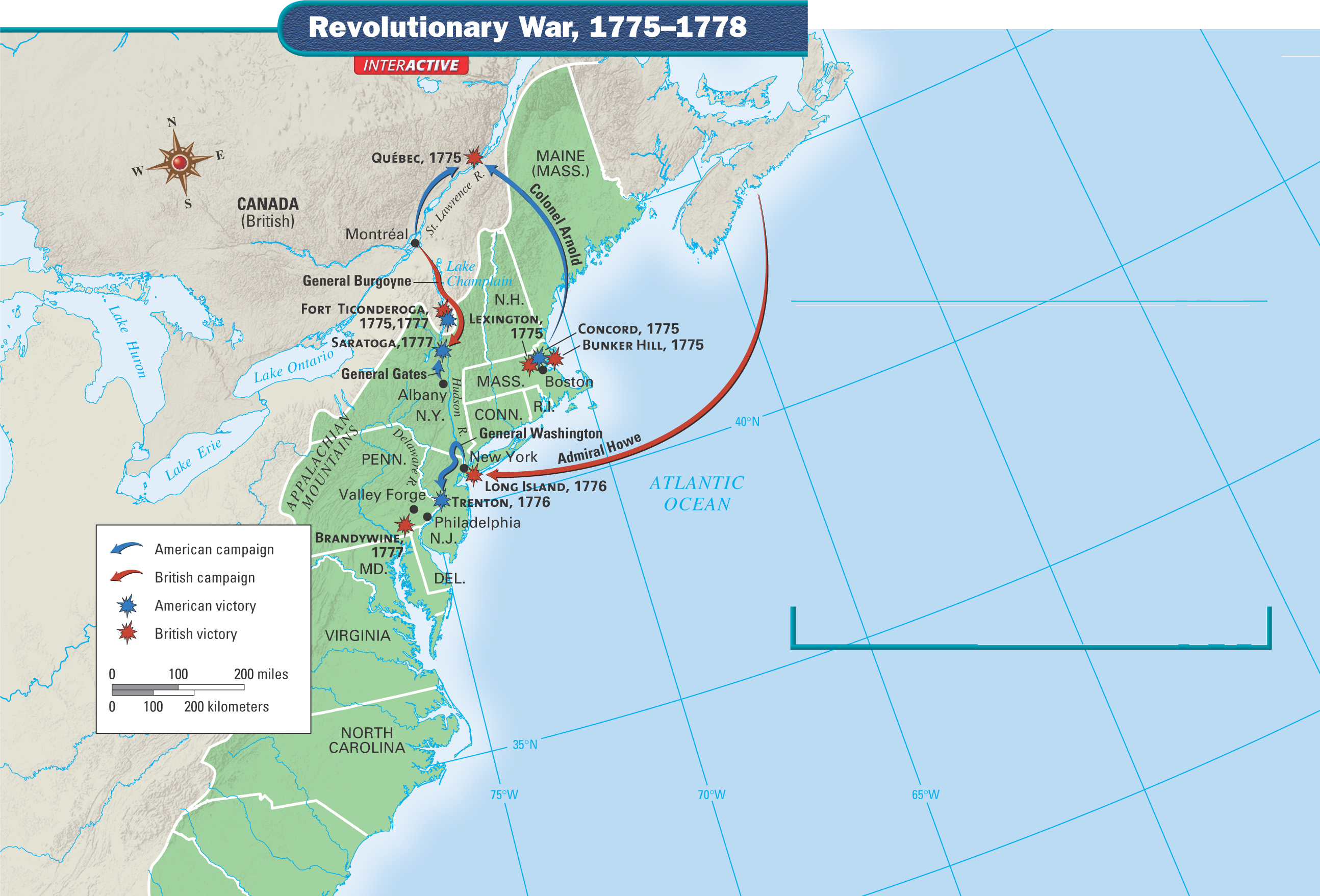 A map shows battles during the Revolutionary War 1775-1778.