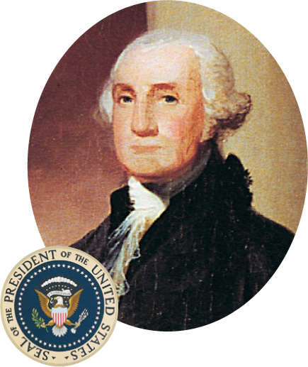 Portrait with presidential seal: George Washington.