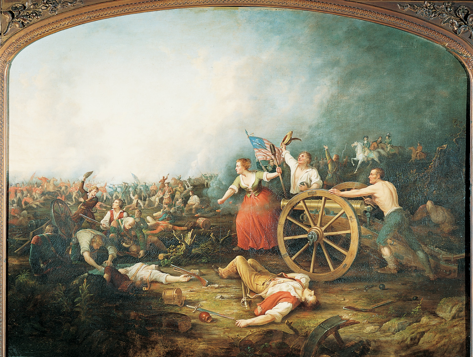 Painting: in a battle, a women in a dress fires a cannon.