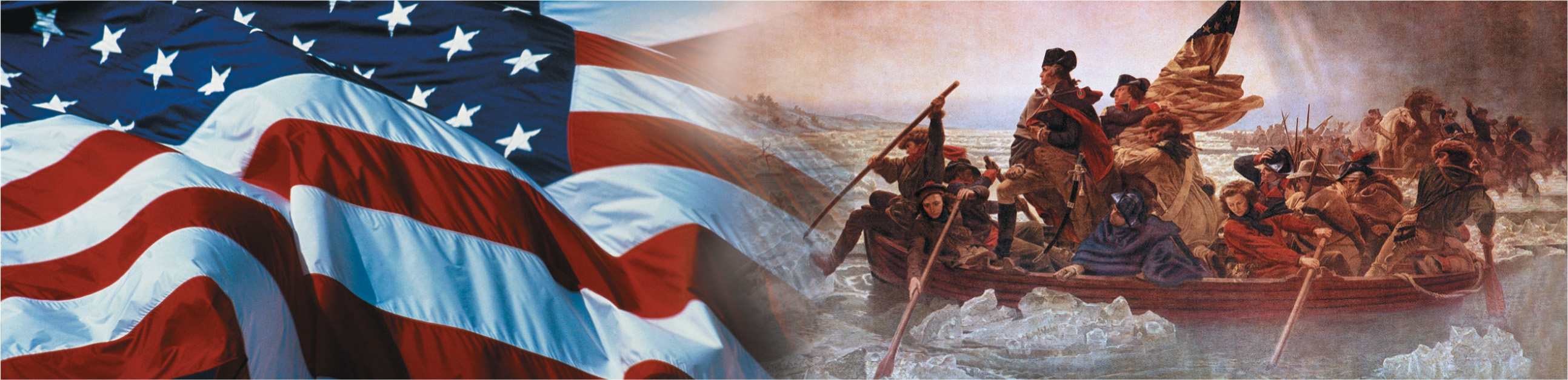 Banner: a billowing American flag and a painting of George Washington and his men crossing the icy Delaware River on a boat.