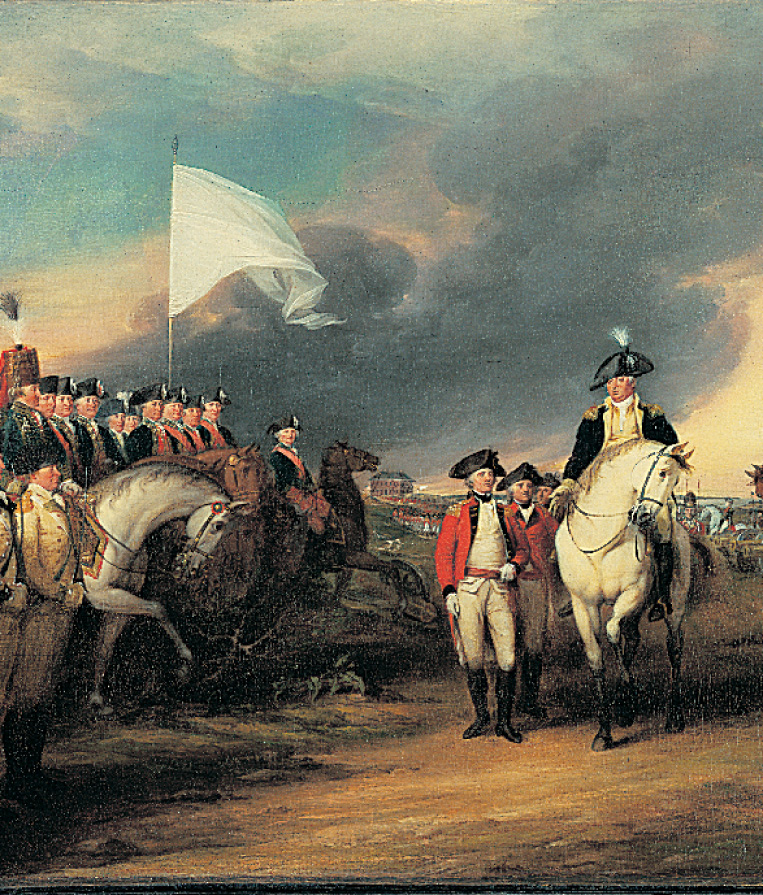 painting: General Washington sits on a white horse, and holds his hand out to a British officer standing on the ground.
