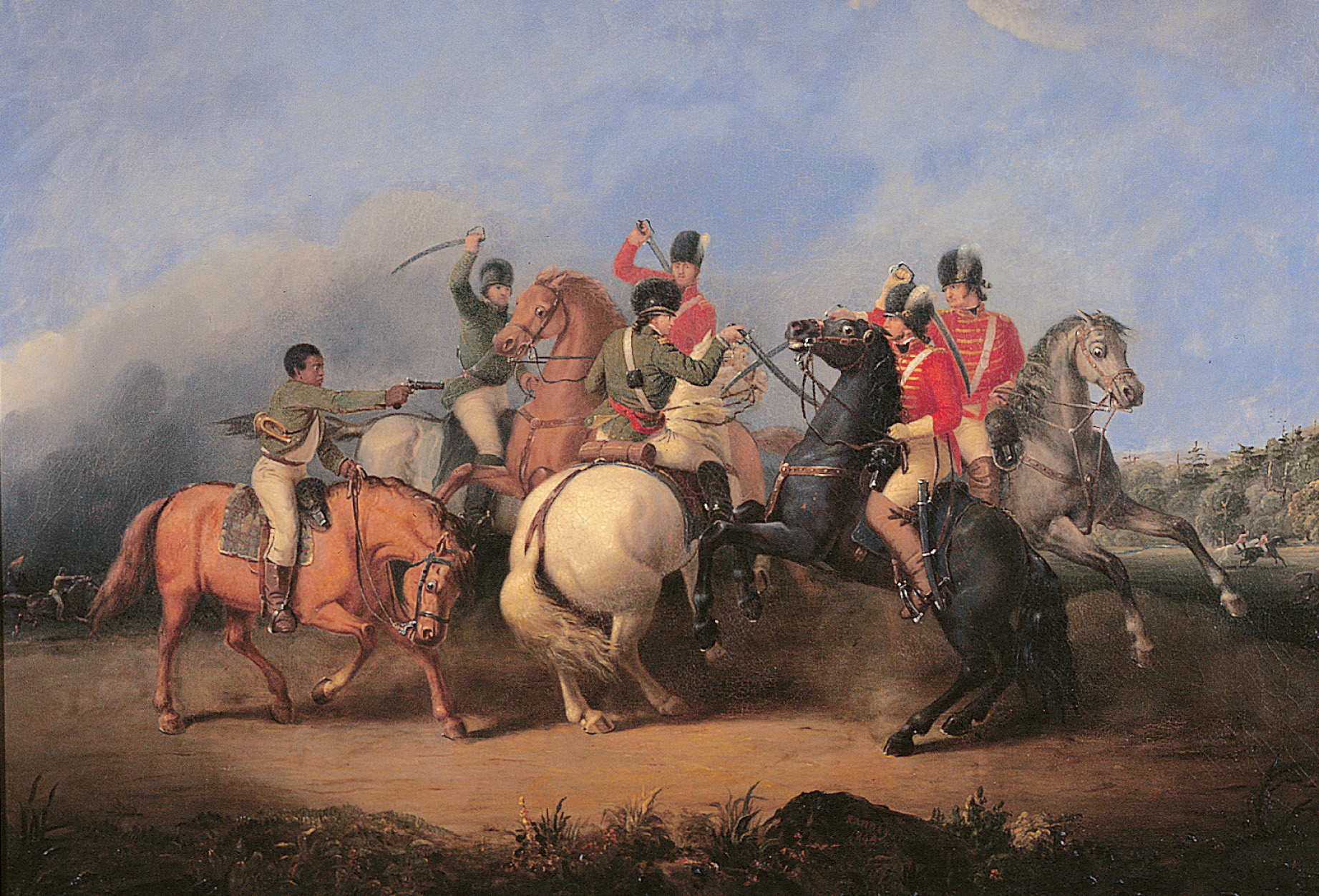 Painting: American and British soldiers fight on horseback with swords. An African-American soldier aims a pistol at a British foe.