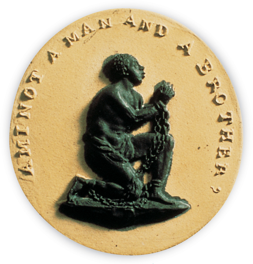 A carving depicts an African-American man kneeling, surrounded by the words Am I not a man and a brother?