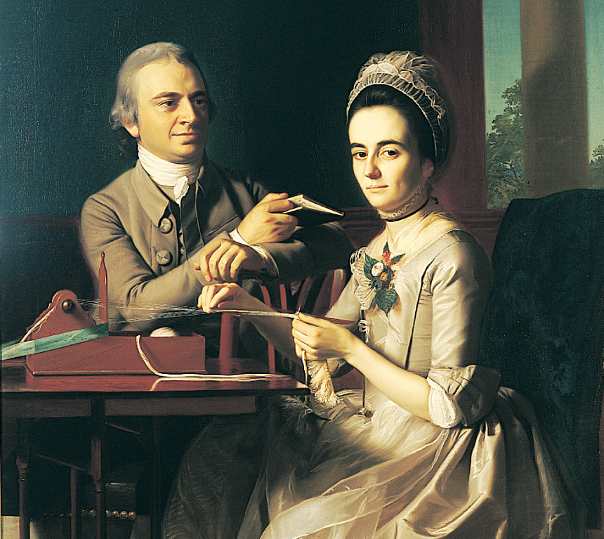 painting: a man looks on as his wife spins thread.