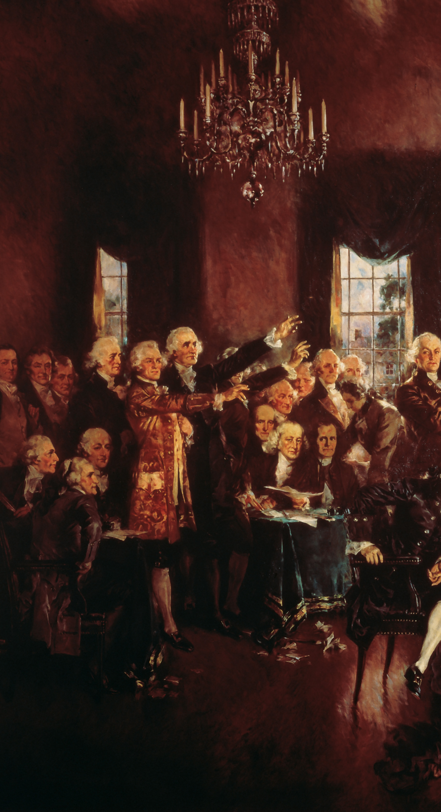 A painting: delegates to the Constitutional Congress
debate.