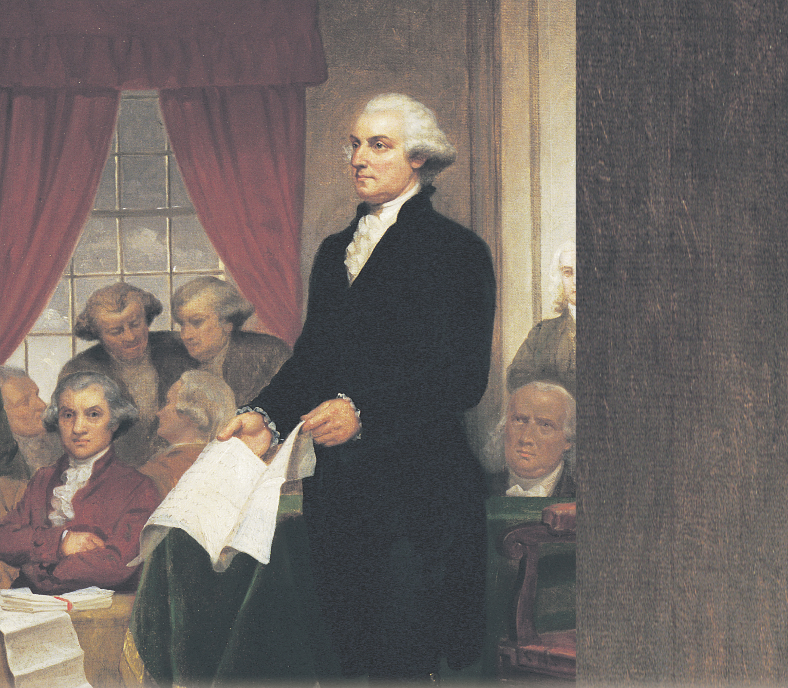 A painting: Washington addresses the Constitutional Congress, wearing a white wig.