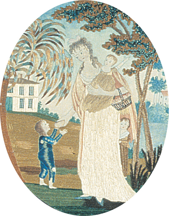 A painting: a woman holds a baby while feeding a toddler.