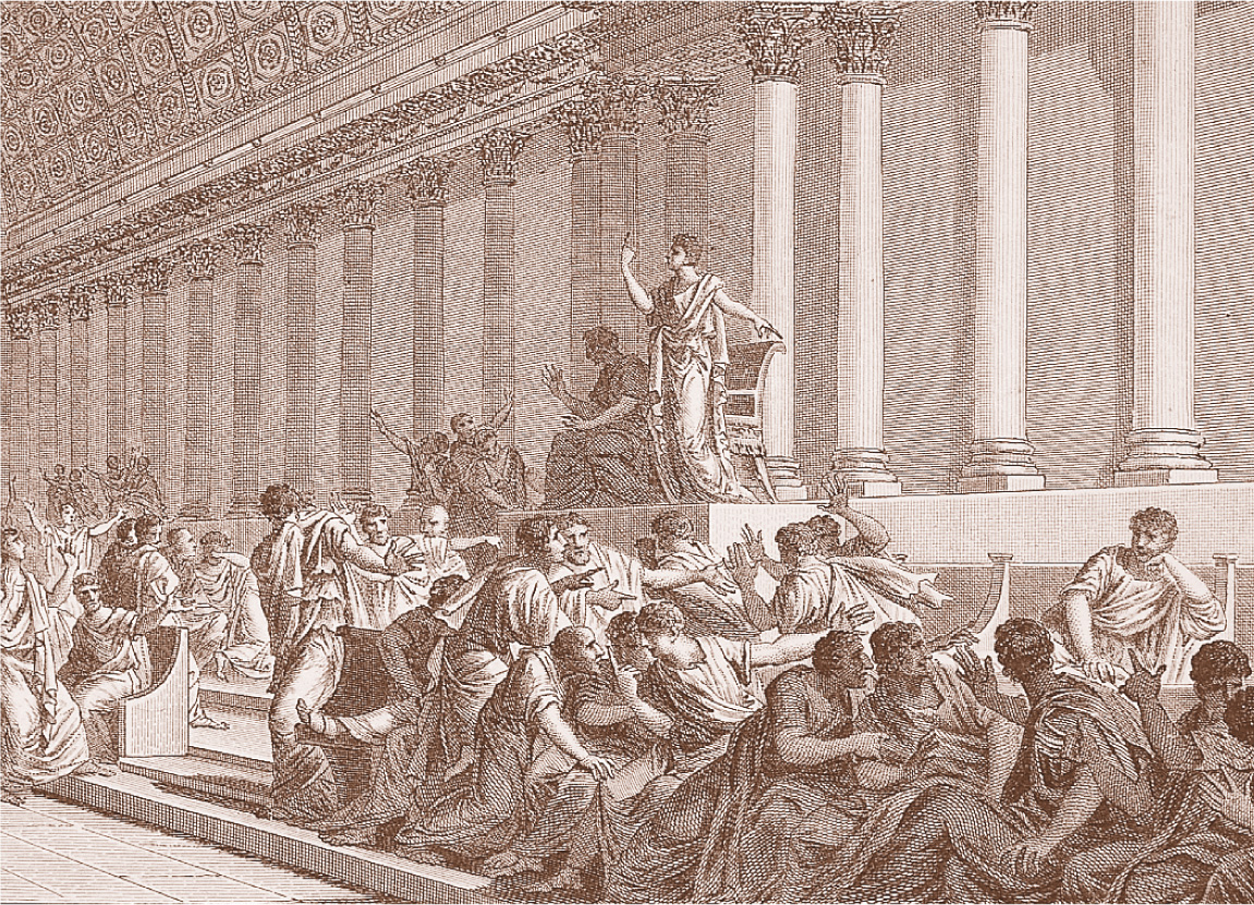 An engraving: men in robes debate and discuss outside a
building with large columns.