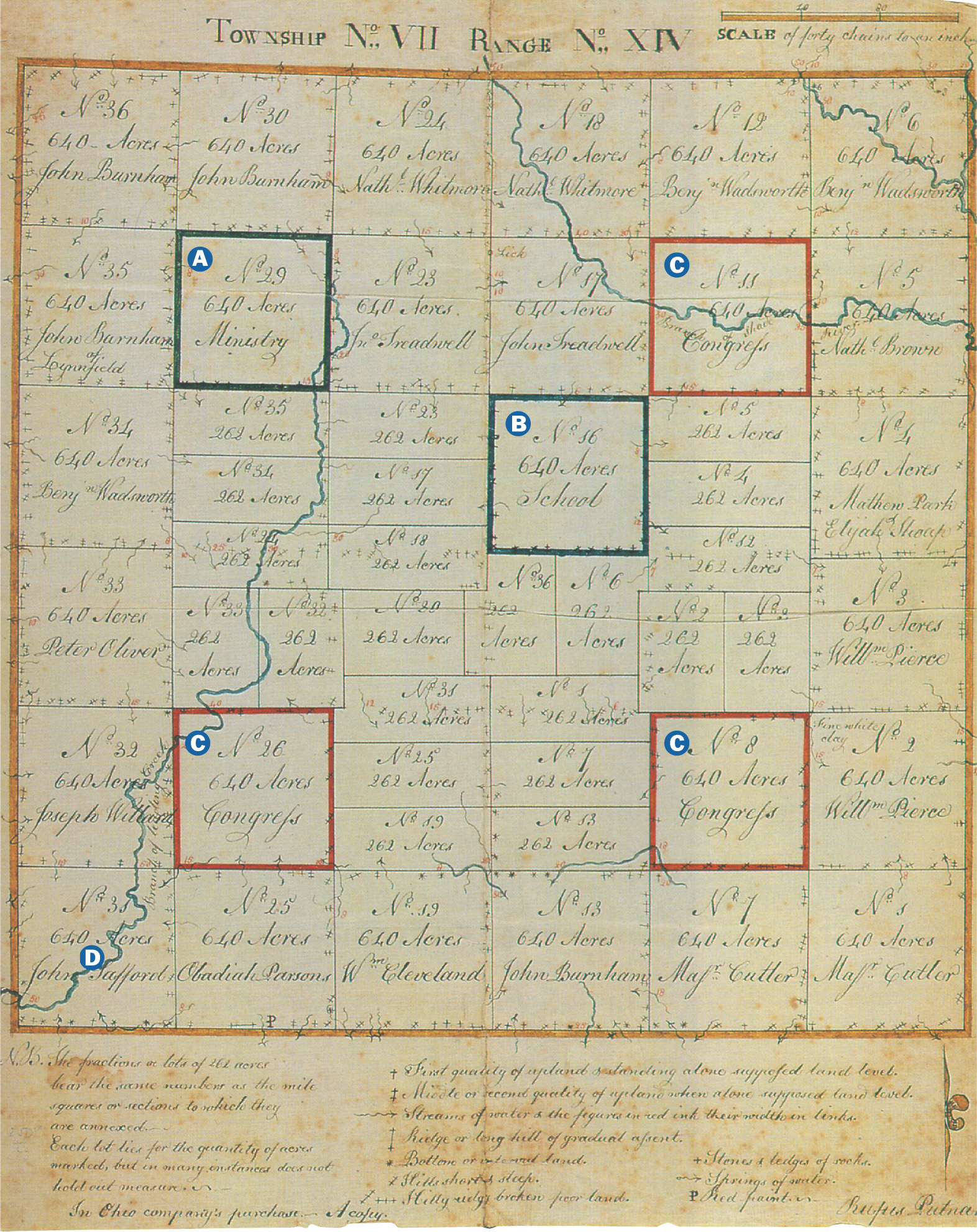 A handwritten map with five
square land plots highlighted.
