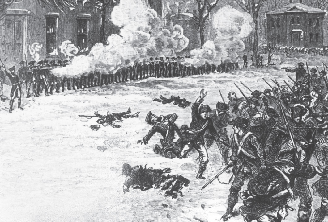 An illustration: soldiers fire guns at the rebels.