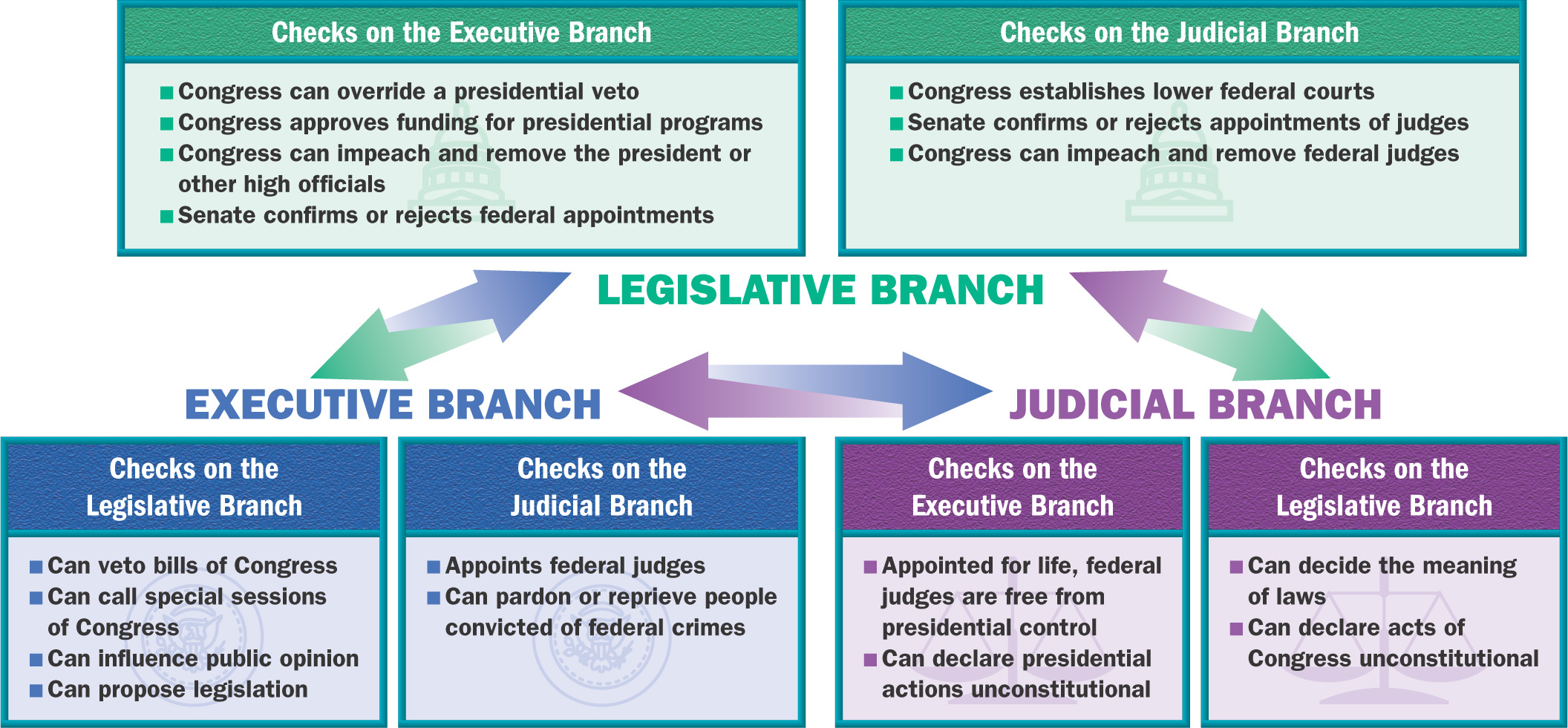 A chart shows the checks on each of the branches of
government.