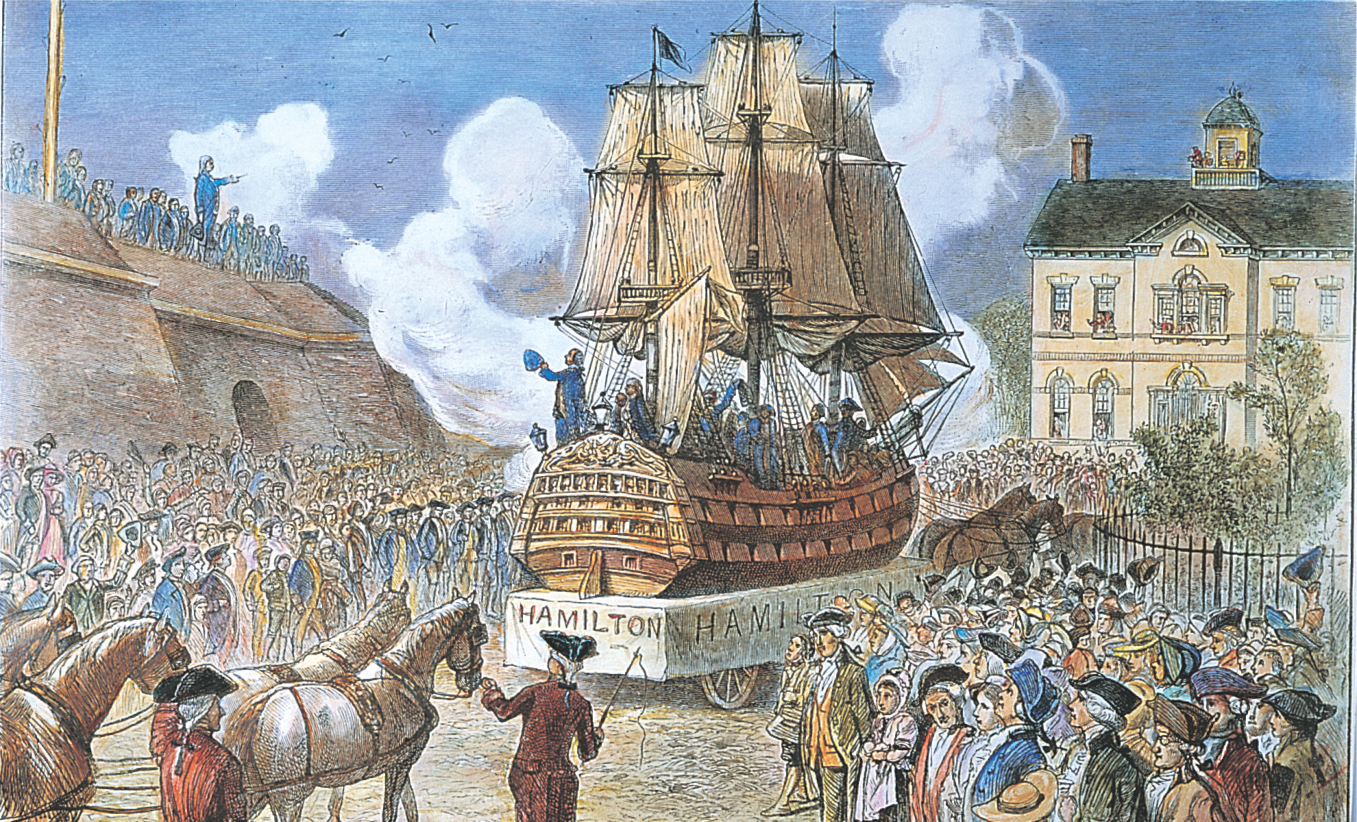 Illustration: a parade float shaped like a three-masted ship has a banner
reading Hamilton.