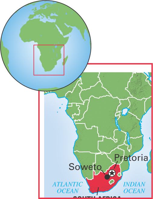 A map of South Africa shows the
city of Soweto, near the capital, Pretoria.