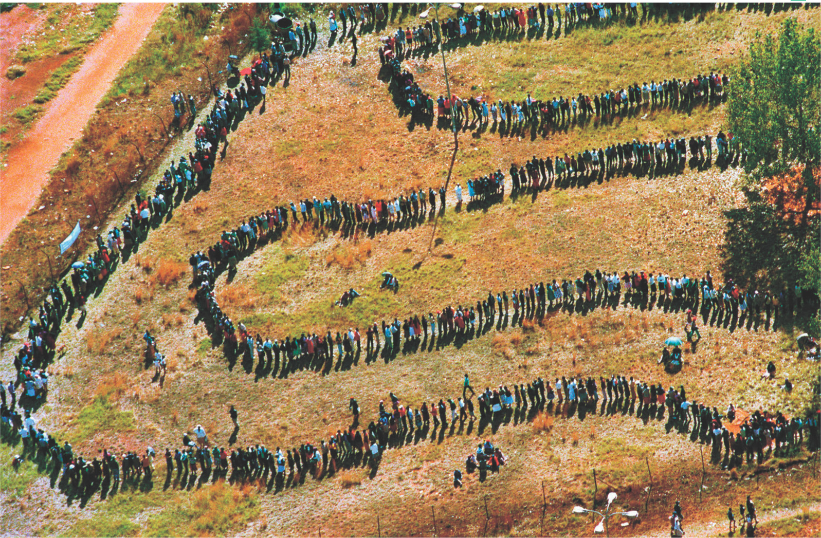 A photo: hundreds of people
stand in a long line that curves back and forth across a field.