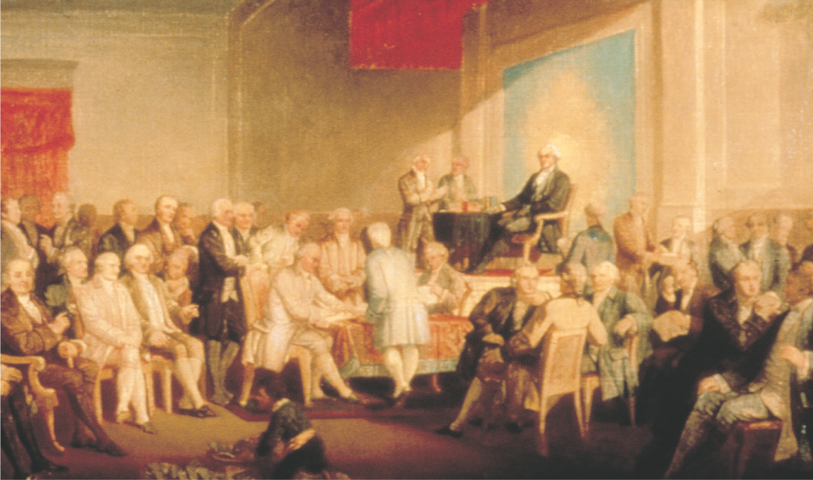 A painting: delegates at the
Constitutional Convention.