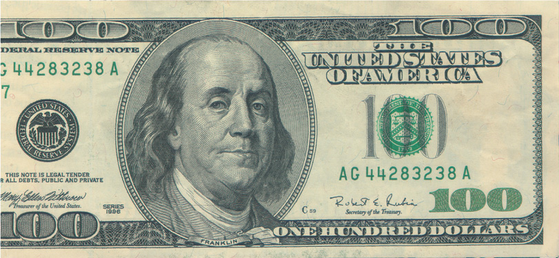 An image of a
one-hundred-dollar bill, with Benjamin Franklin's portrait in the center.