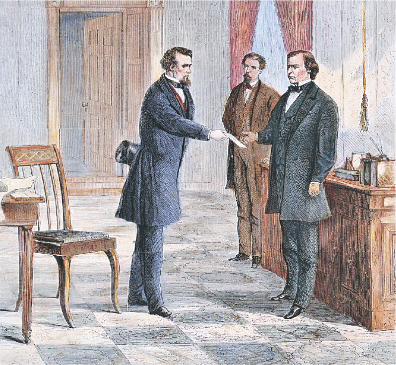 An illustration: a man hands
papers to President Andrew Johnson.