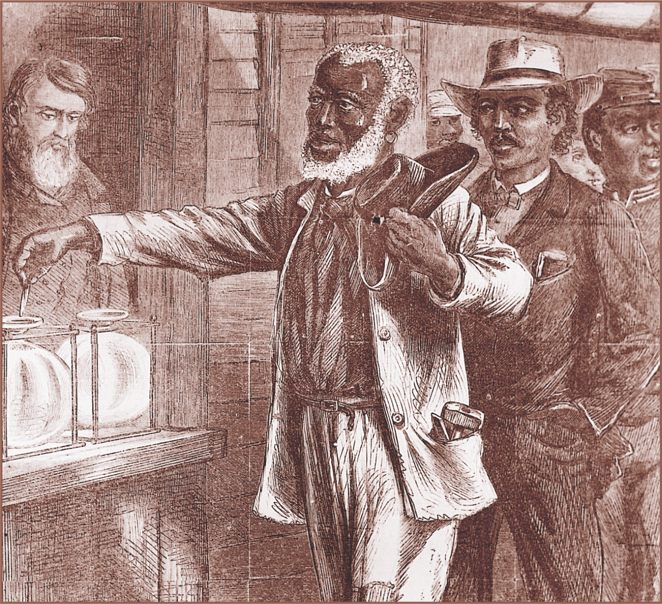 In a drawing,
an African-American man drops a slip of paper into a jar.
