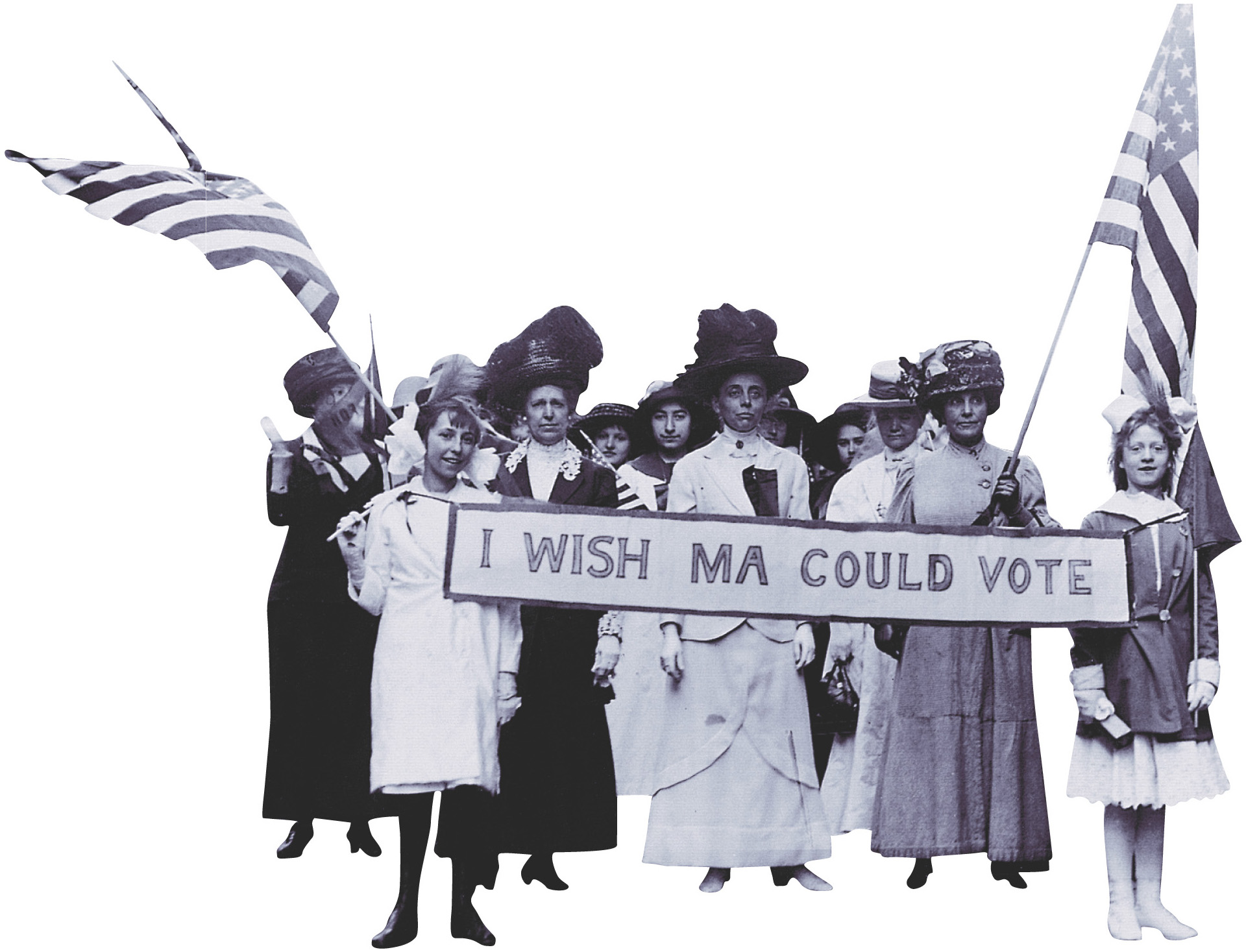 A photo: women hold flags and a banner that reads I Wish Ma
Could Vote.