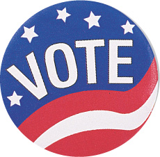 a red, white and blue logo
with stars reads Vote.