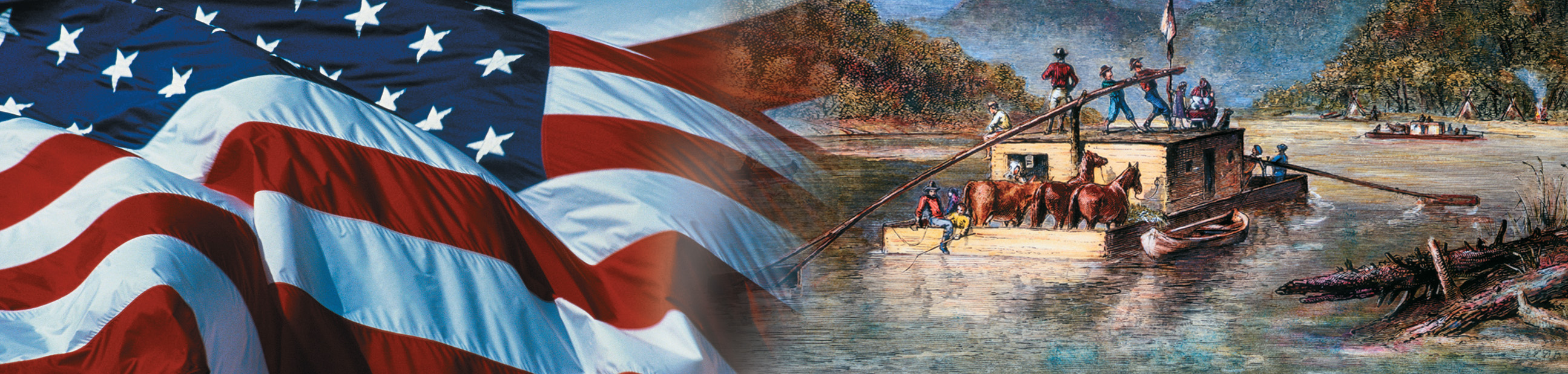 Banner: a U.S. flag and a painting of people steering a barge on a river.