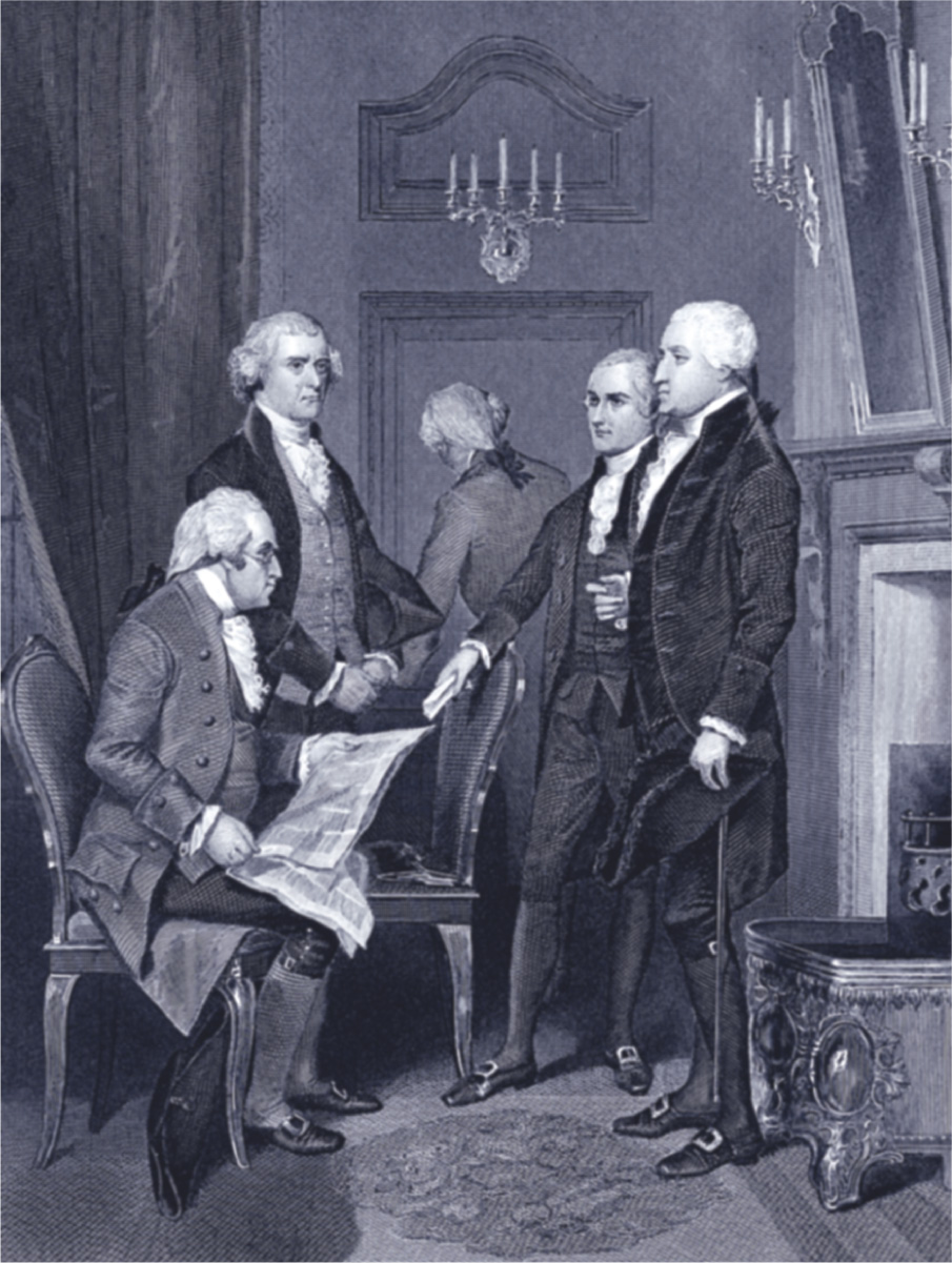 A painting depicts five men in ruffled shirts and white
wigs.