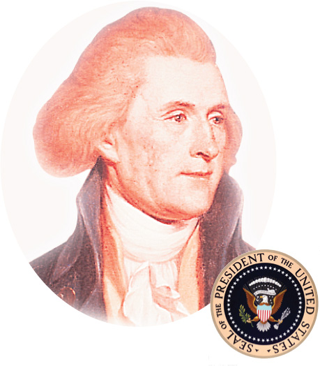 The official seal of the
president of the U.S. adorns a protrait of Thomas Jefferson.