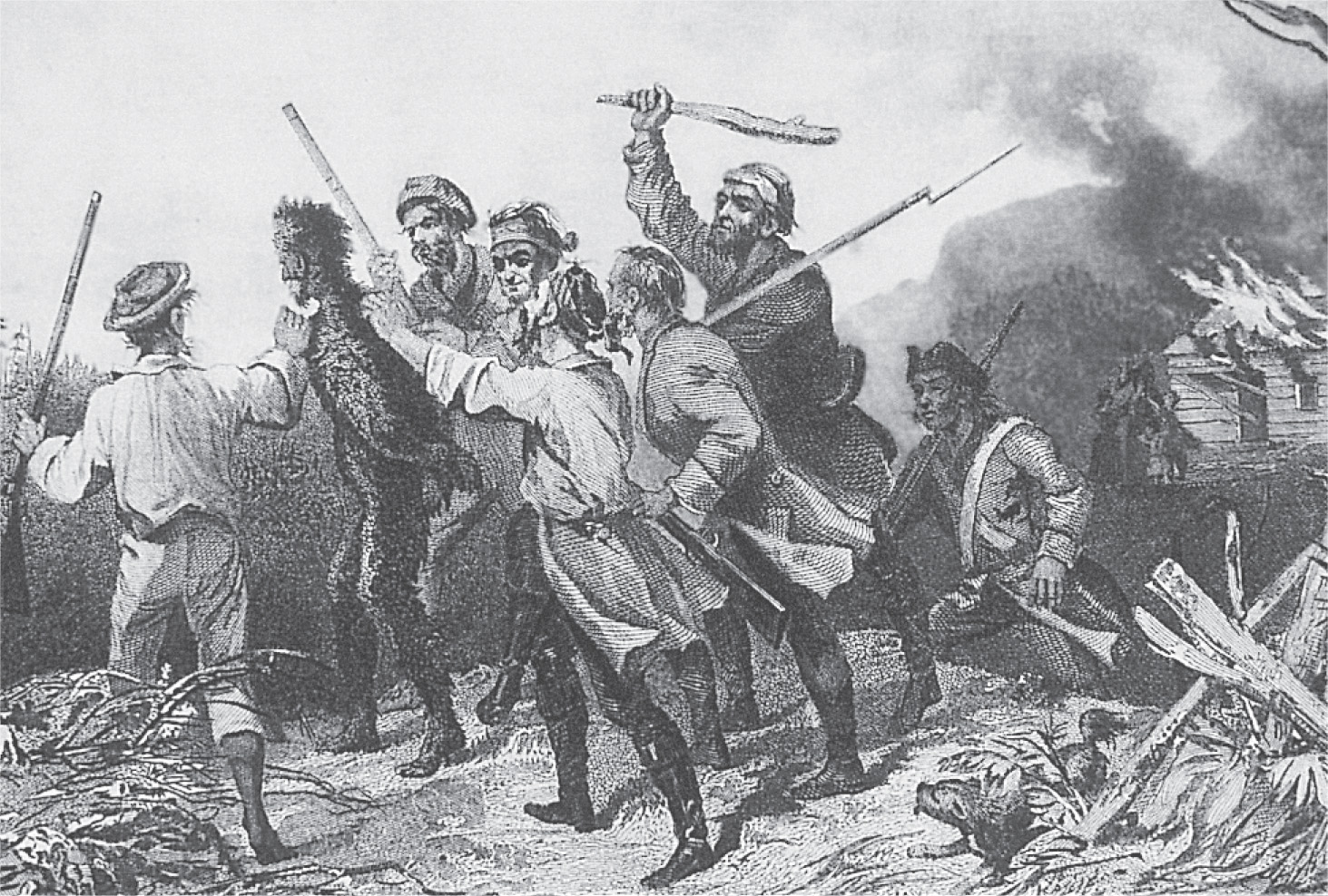 In a drawing, men with clubs and guns shove a man covered in
black tar.