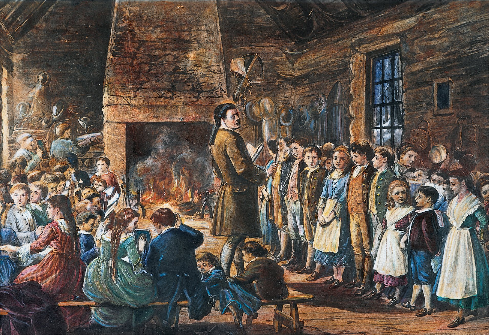 A painting: A male teacher holds a book and a pointer in a
log-cabin schoolhouse. Some pupils stand in a row, and a fire glows in a fireplace.