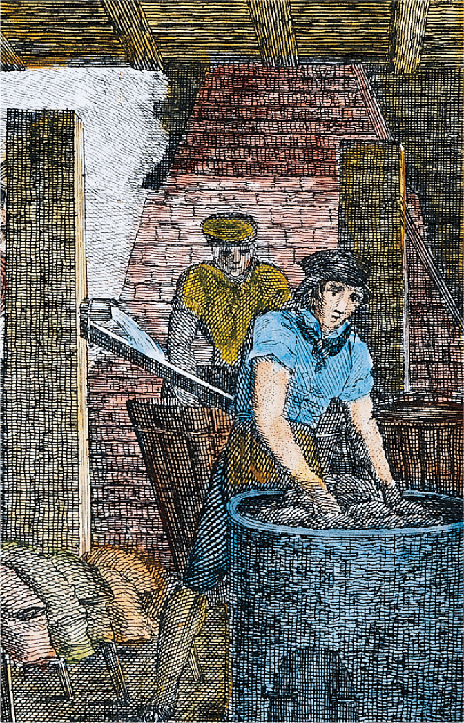 An illustration: a teenage boy reaches both hands into a
vat.