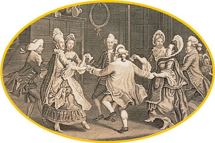 In a
drawing, men in breeches and wigs join hands with women in bonnets, and dance together in a
circle.