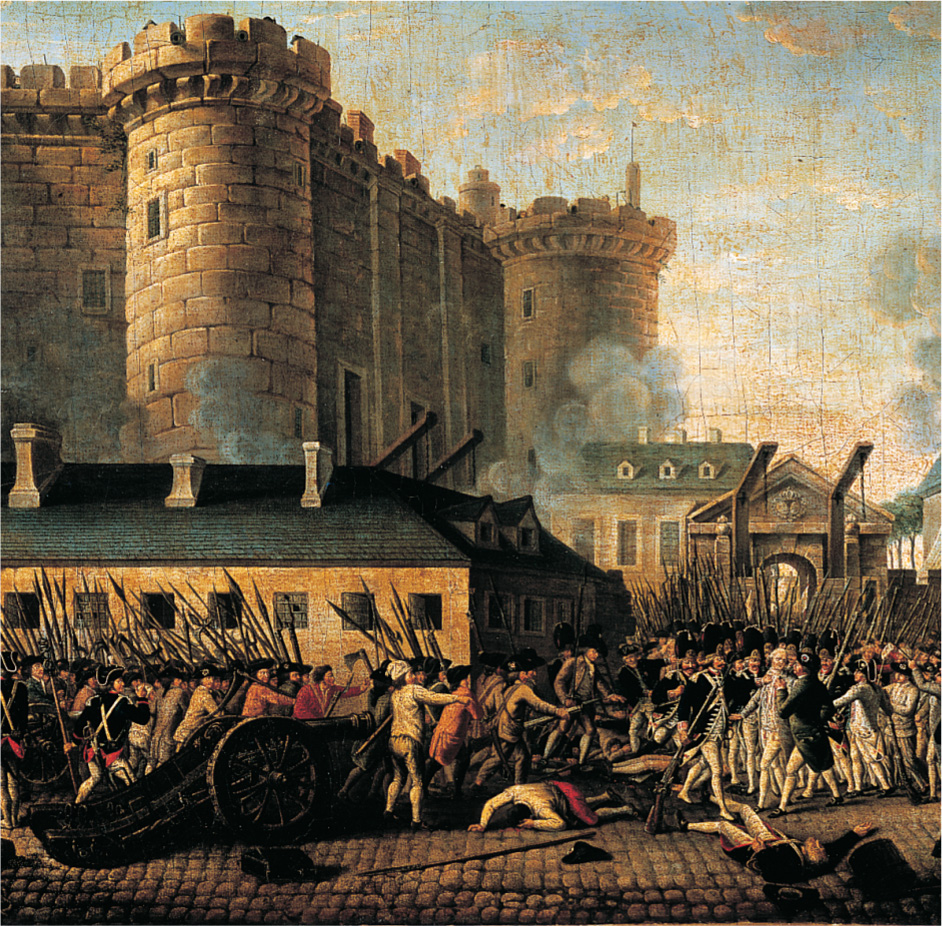 A painting: civilians and
soldiers battle outside a fortress.