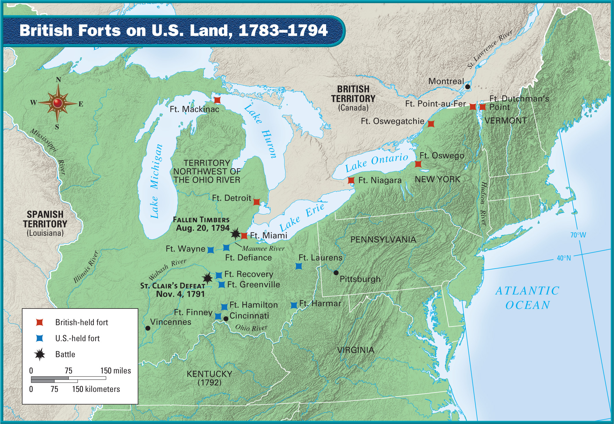 A map shows
British forts on U.S. land, 1783-1794.