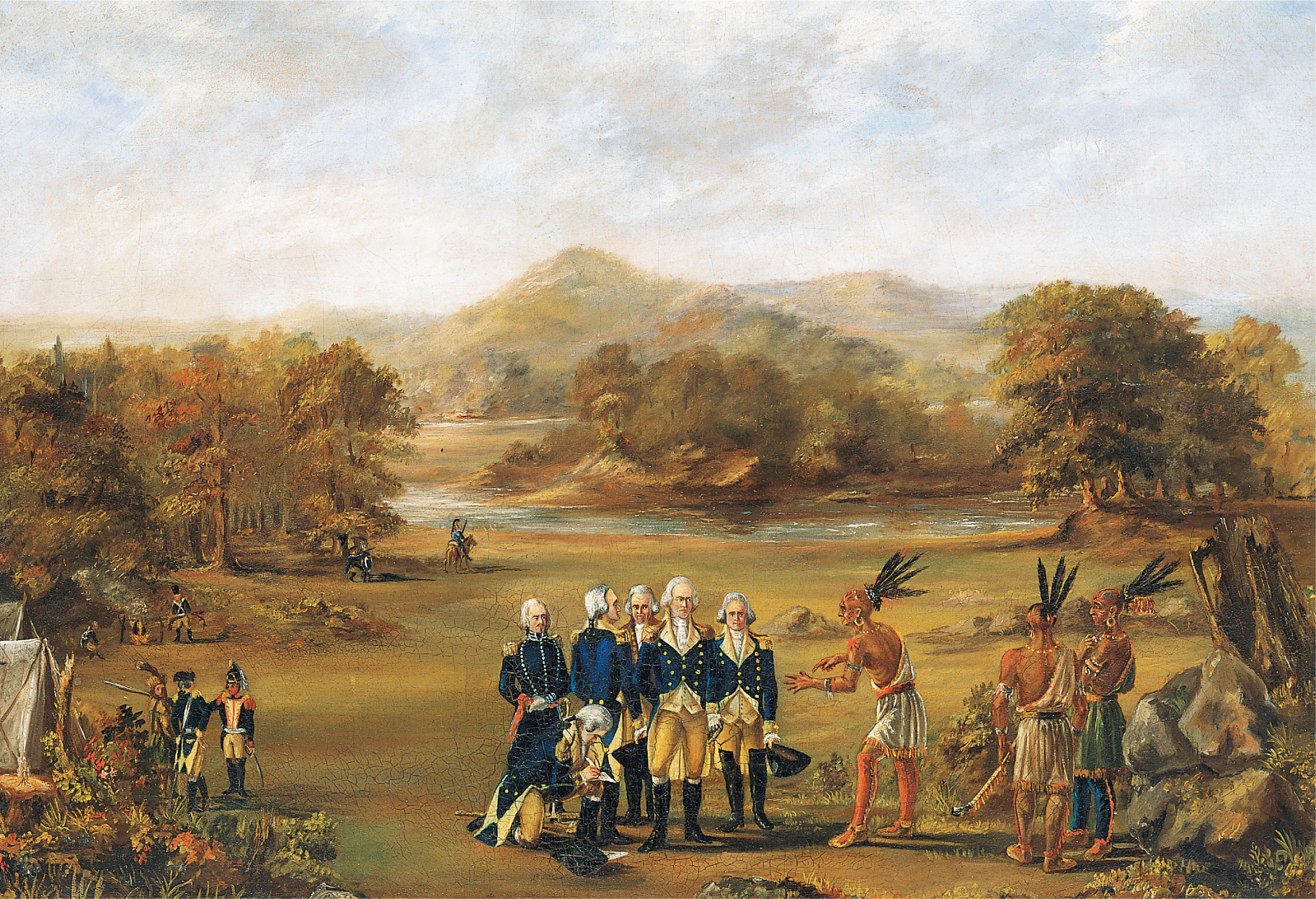 A painting: Natives with feathered headdresses meet in a
clearing with white-wigged soldiers in long blue coats.