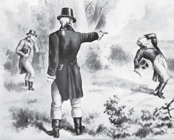 A painting: in a duel, Burr
shoots Hamilton with a pistol.