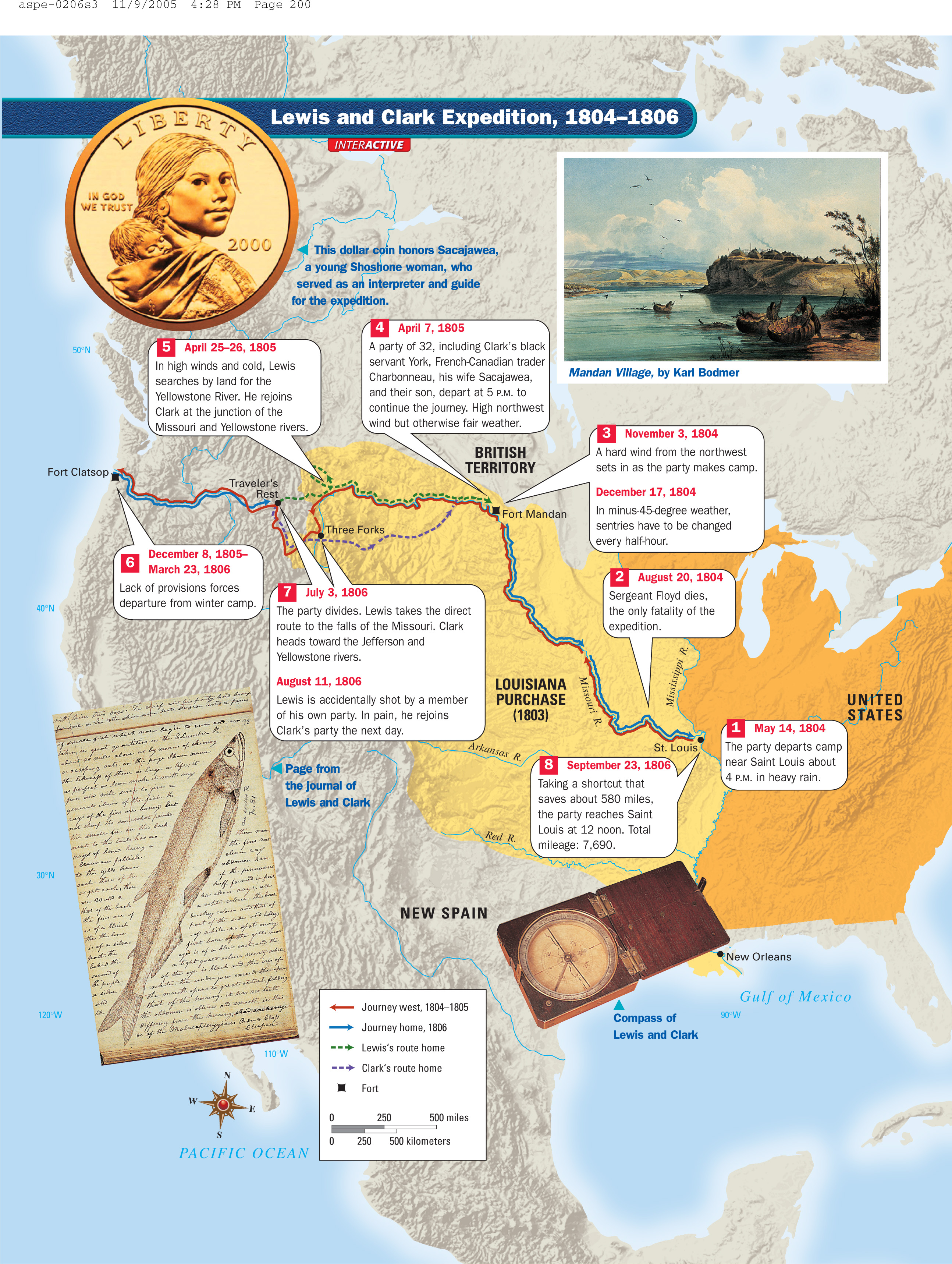 A map shows the path of the Lewis and CLark expedition, 1804-1806. Images added to the map include a page of a journal, a photo of a compass, and a golden dollar coin.