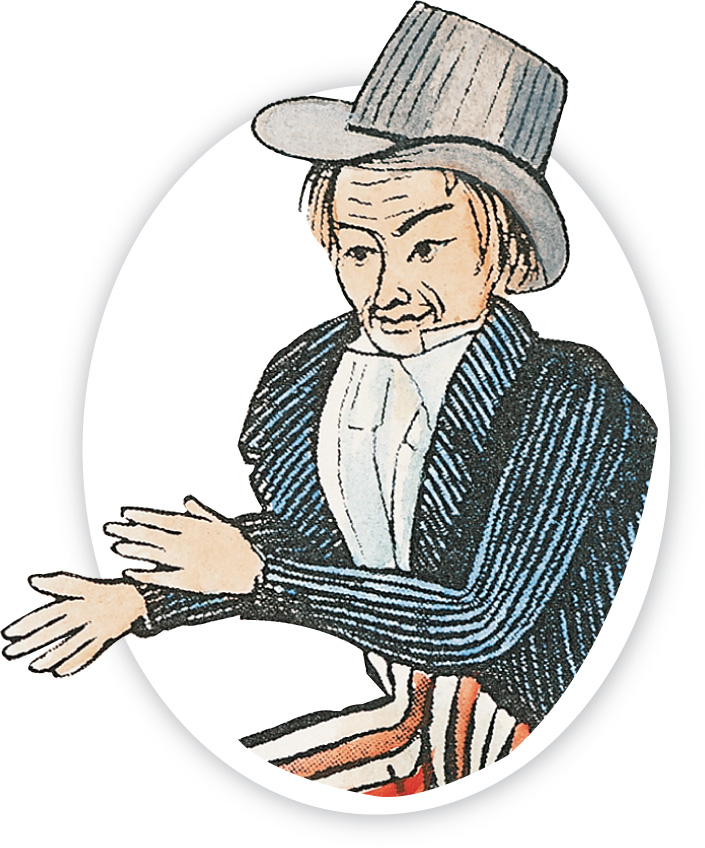 A drawing shows a man wearing a
hat and striped pants.