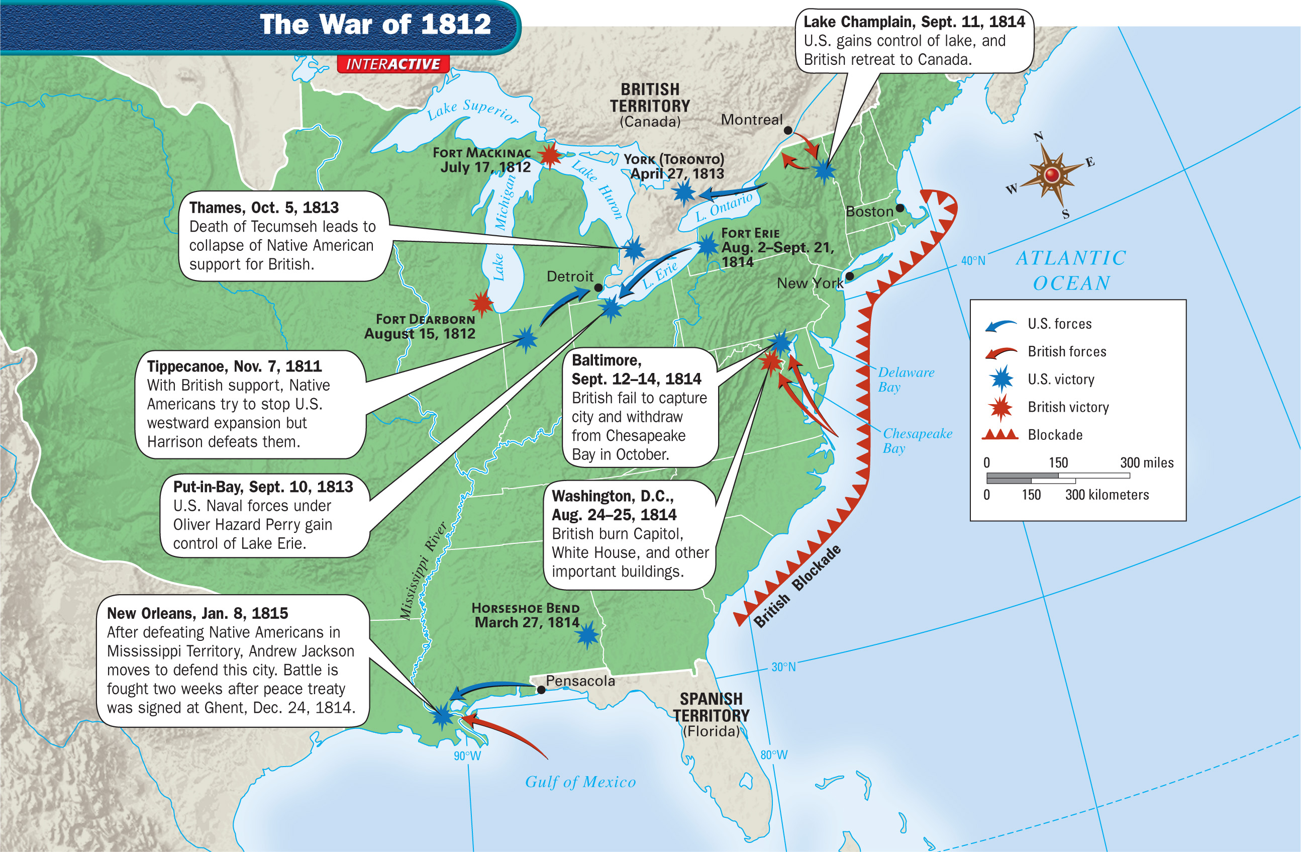 A map shows battles of the
War of 1812.