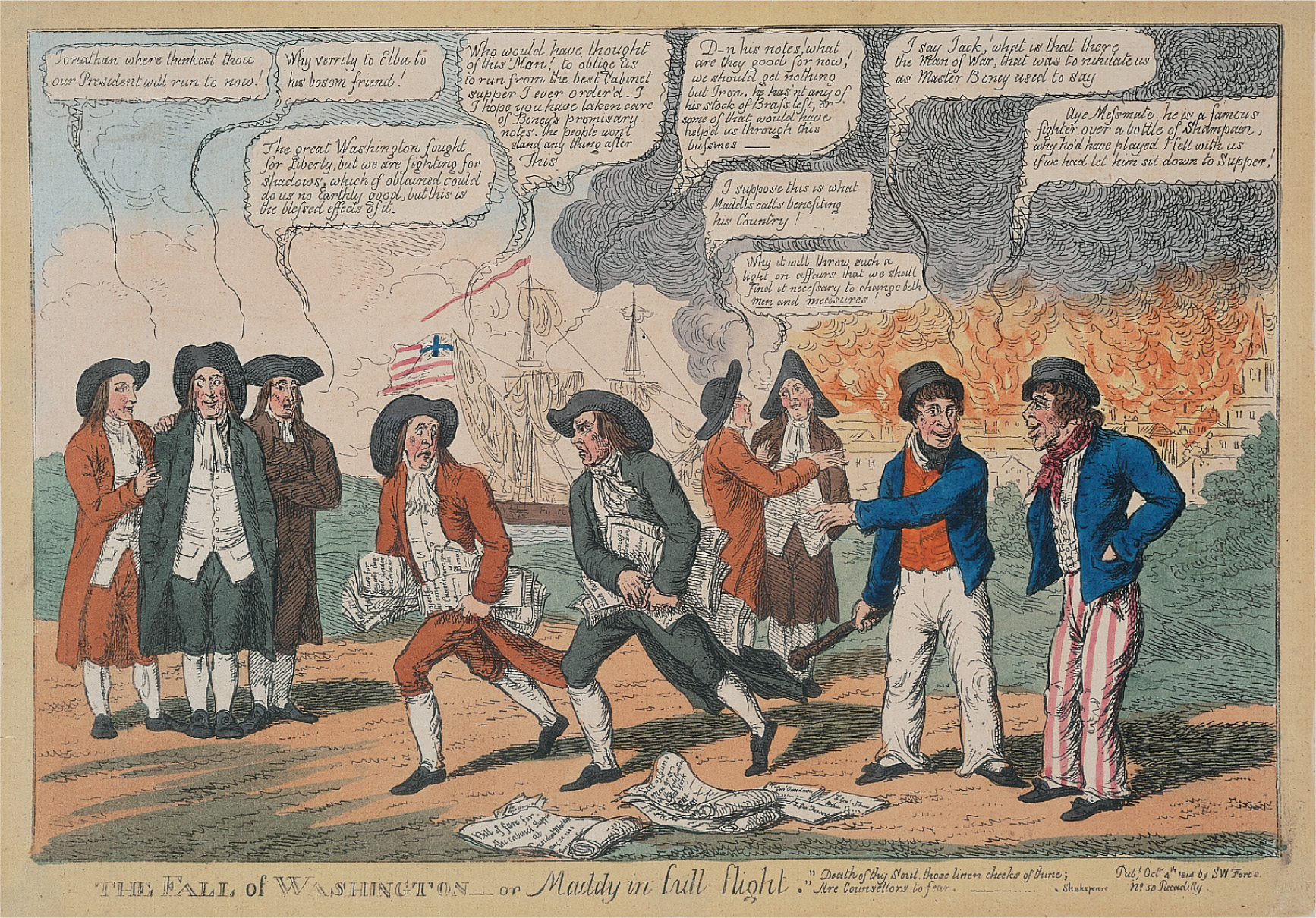 A political cartoon shows men carrying papers as they run
from a burning city.