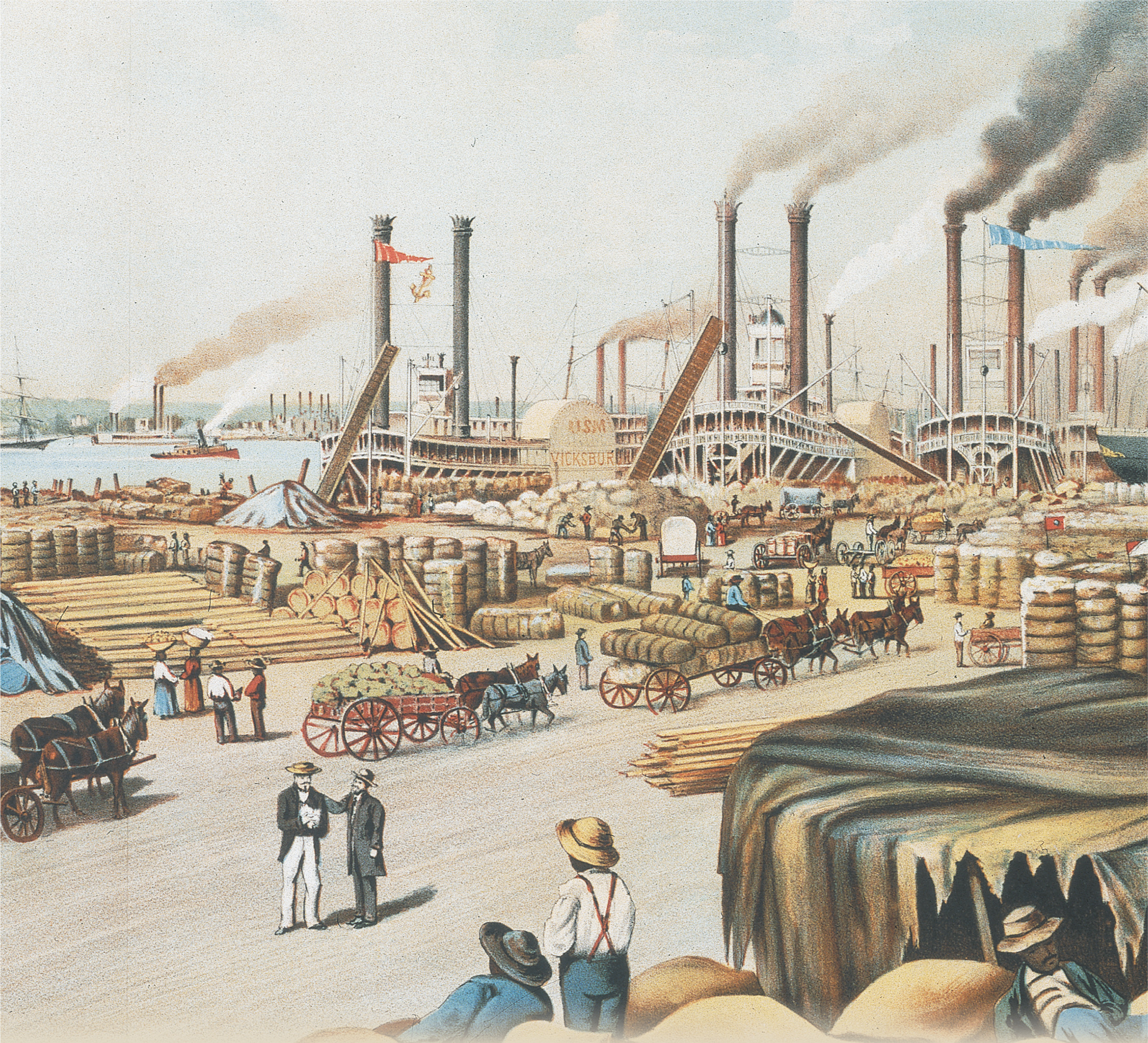 A painting: steamboats are docked at a wharf piled with
cargo.