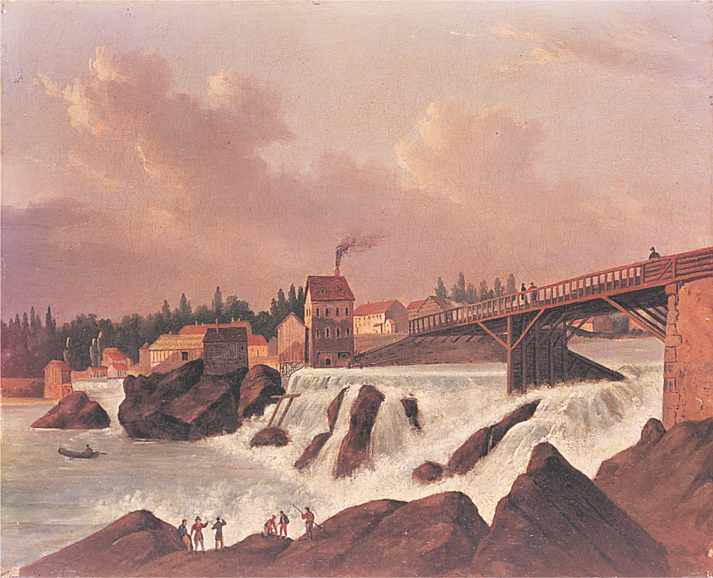 A painting: smoke rises from a factory chimney, by a
footbridge over a rushing river.